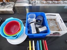 Plastic Mixing Bowls & Cake Stand - Flour Sifters - Graters and a Box of Glasses etc