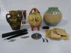 Tray Containing Cut Throat Razor - Tie Pins - Snuff Box - Cigarette Silks - Stone Hot Water Bottle