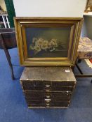 Filing Cabinet Containing Clock & Watch Makers Spare Parts & Victorian Canvas Oil Painting Depicting
