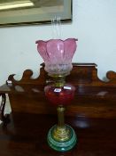 Victorian Oil Lamp with Cranberry Shade