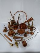 Box Containing Copper Pans - Ornaments - Brass Candlesticks etc