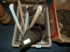 Box Containing Old Oil Cans, Pine Tongs, Scales etc