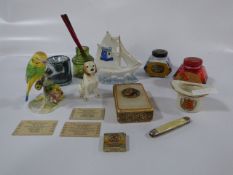 Tray of Collectable Items including Old Ink Bottles- Royal Adderley Budgerigar - Goss Ware - Train