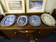 3 Blue & White Meat Plates & 2 Others