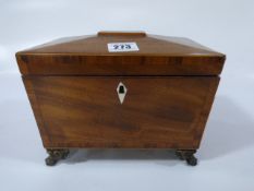 Mahogany Inlaid Tea Caddy on Brass Bun Feet