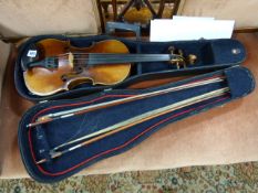 Cased Violin Bearing a Stradivarius Label Being a German Copy Circa 1900 with 2 Bows
