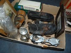 Box Containing Vintage Ice Skates, Lamps, Prints etc