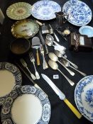 Box containing Old Plates - Candle Snuffer - Voltmeters - Cutlery etc