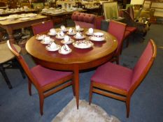 Oak Circular Dining Table with Red Leather Insert & 7 Chairs