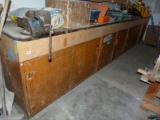 *Mahogany Topped School Work Bench Over Cupboards Complete with Engineer's Vice