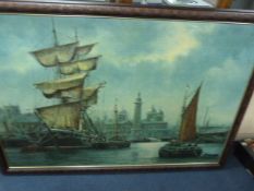Large Framed Oil Painting Depicting The Princes Dock Hull