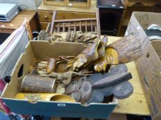 Box Containing Various African Carvings - Folding Table etc