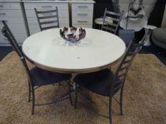 1970's White Circular Table with Metal Trim & 4 Silver Chairs