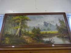 Mahogany Framed Oil Painting Depicting a Country Scene