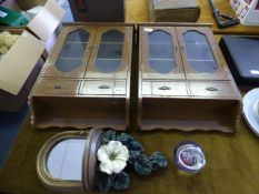 2 Brown Wall Cabinets - Glass Paper Weights etc