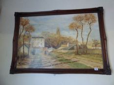 Framed Oil Painting Depicting a Country Scene