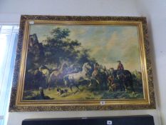 Gilt Framed Oil Painting Depicting a Horse Fair