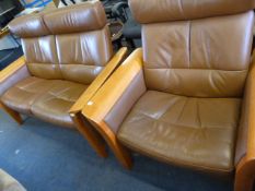 Brown Leather & Wood 2 Seat Settee & Matching Chair