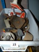 Box containing Pulley Blocks - Shackles - Tape Dispensers - Chalk etc