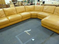Tan Leather 6 Seat Settee with Chaise