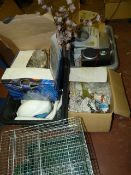 4 Boxes of Assorted Bric-a-Brac including Stereos - Cut Glass - Hamster Cage - DVD Player etc