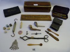 Box of Collectable Items Including Mearsham Pipes - Matchbox Holders - Scales - Dominoes etc