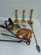 3 Georgian Brass Candlesticks - Flat Irons - Fire Irons etc