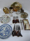 Box Containing Royal Doulton Plates - Magnifying Glasses - Cutlery - Glass Paper Weights etc