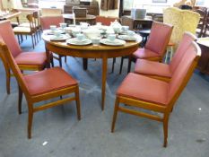 Circular Dining Table with Red Leather Insert & 7 Chairs