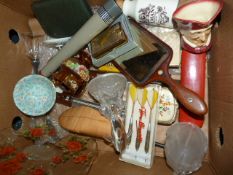 Box Containing Lustre etc - Glass Paper Weights - Art Deco Compacts - Mirror etc