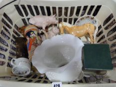Basket Containing Assorted Steins - Beswick Horse - 2 Ceramic Pigs etc