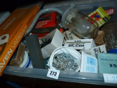 Box Containing Assorted Fixings - Screws - Oil Stones - G Clamps etc