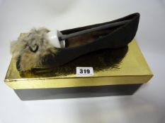 Pair of J Fashions Black Faux Leather Ladies Shoes with Rabbit Fair Detail - size 41
