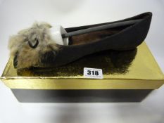 Pair of J Fashions Black Faux Leather Ladies Shoes with Rabbit Fair Detail - size 39