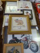 Collection of Framed Needlework Pictures Depicting Pigs - Motorcycles etc