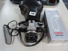 Olympus OM10 Camera in Case & Cobra Auto 250 Flash Light