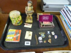 Tray Containing Collectable Badges - Valet Auto Sharp Razor - Charlie Chaplin Film etc