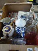 Box containing Cranberry Vase - Cut Glass Decanters - Ringtons Teaware etc