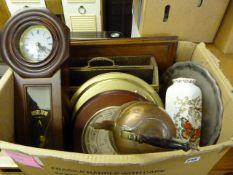Box containing Early Copper Kettle - Magazine Rack - Wall Clocks etc