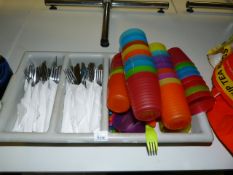 Stainless Steel Cutlery Tray Containing Cutlery & Children's Beakers