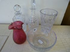 Cranberry Glass Vase - 2 Decanters etc