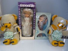 2 Teddy Bears & 2 1960's Dolls