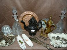 Box Containing Glass Decanters - Victorian Teapot - Cutlery etc