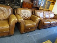 Brown Leather 3 Seat Settee & 2 Single Chairs