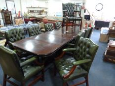Mahogany Boardroom Table with 10 Green Leather Upholstered Chairs
