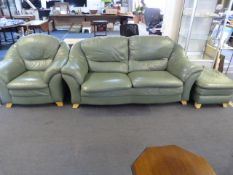 Green Leather 3 Seater Sofa + Chair and a Foot stool