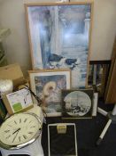 Assorted Framed Prints - Plastic Stools - Scales - Wall Clock etc