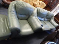 Green Leather 2 Seat Settee with Matching Easy Chair & Pouffe
