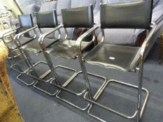 4 Chrome High Seat Bar Stools with Black Leather Seats & Back