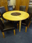 Circular Oak Dining Table on Square Tapered Legs with Inlet Leather Top with 6 High Back Leather